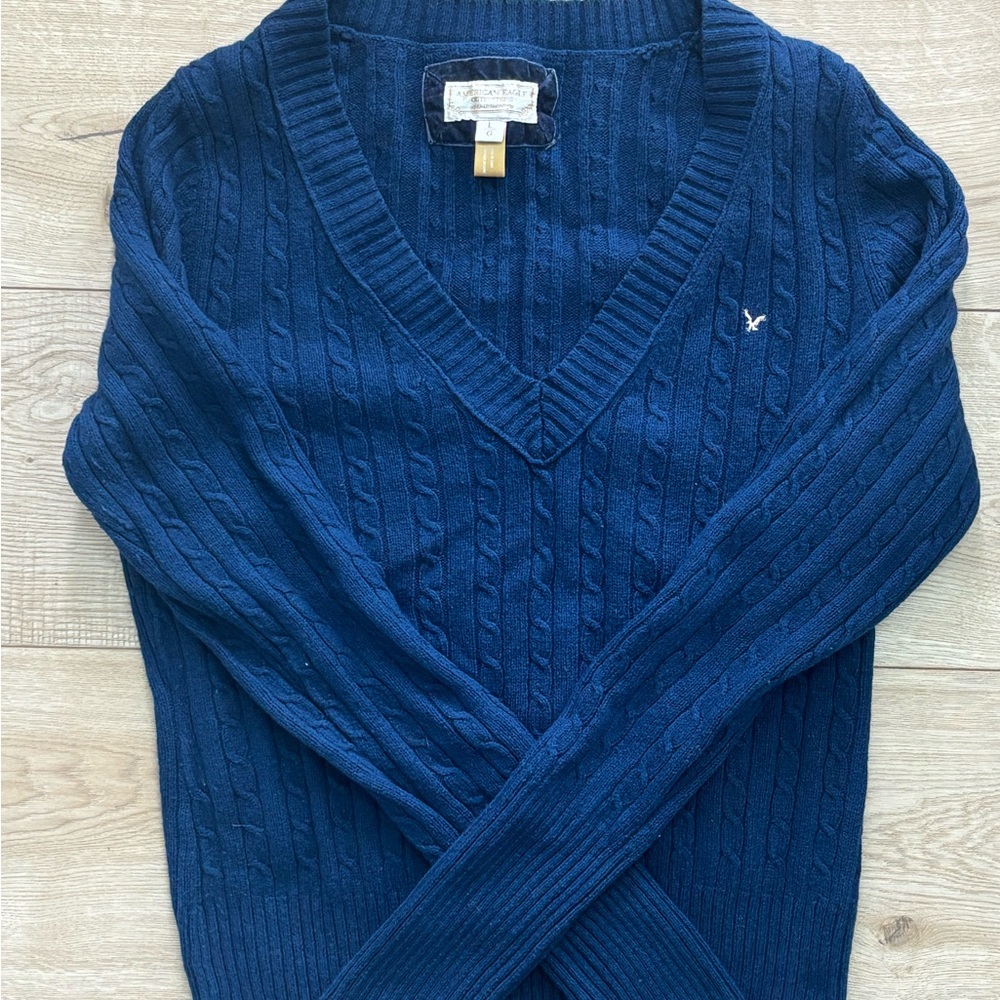 Y2K 2000s Navy American Eagle Cable Knit Sweater Bella Elena Preppy V Neck